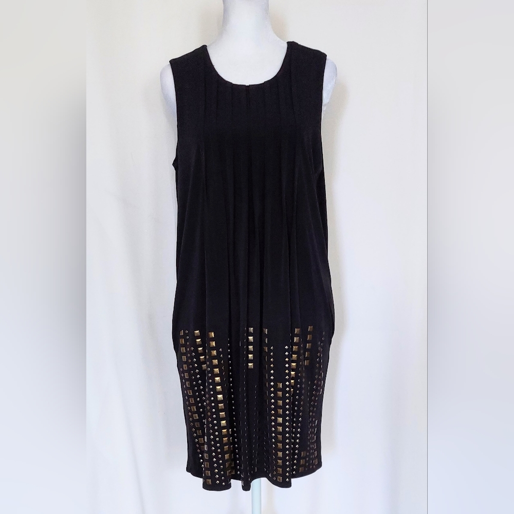 Calvin Klein Sleeveless Pleated Gold Studded Dress Black Size Small Pockets